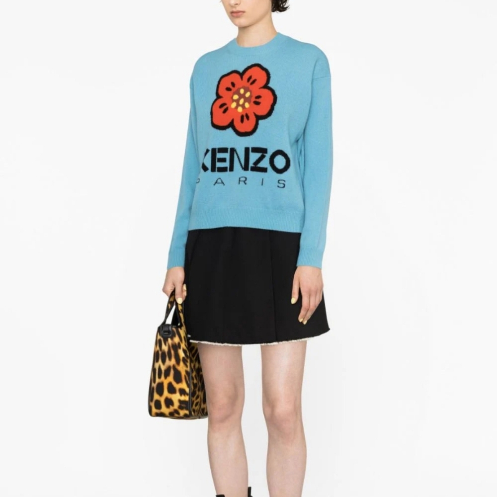 Kenzo Boke Flower Turquoise Blue Wool Crew Neck Sweater S
